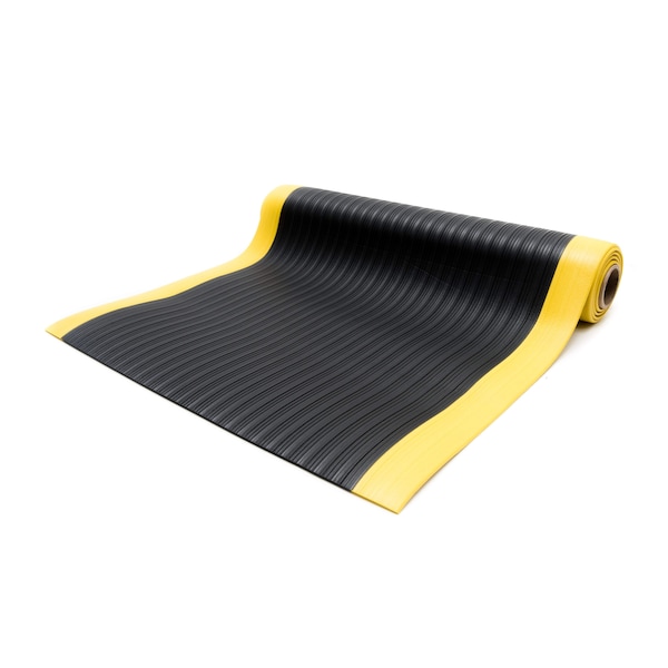 Antifatigue Mat, 10 ft. L x 3 ft. W, 3/8 in Thickness, Ribbed, Black/Yellow